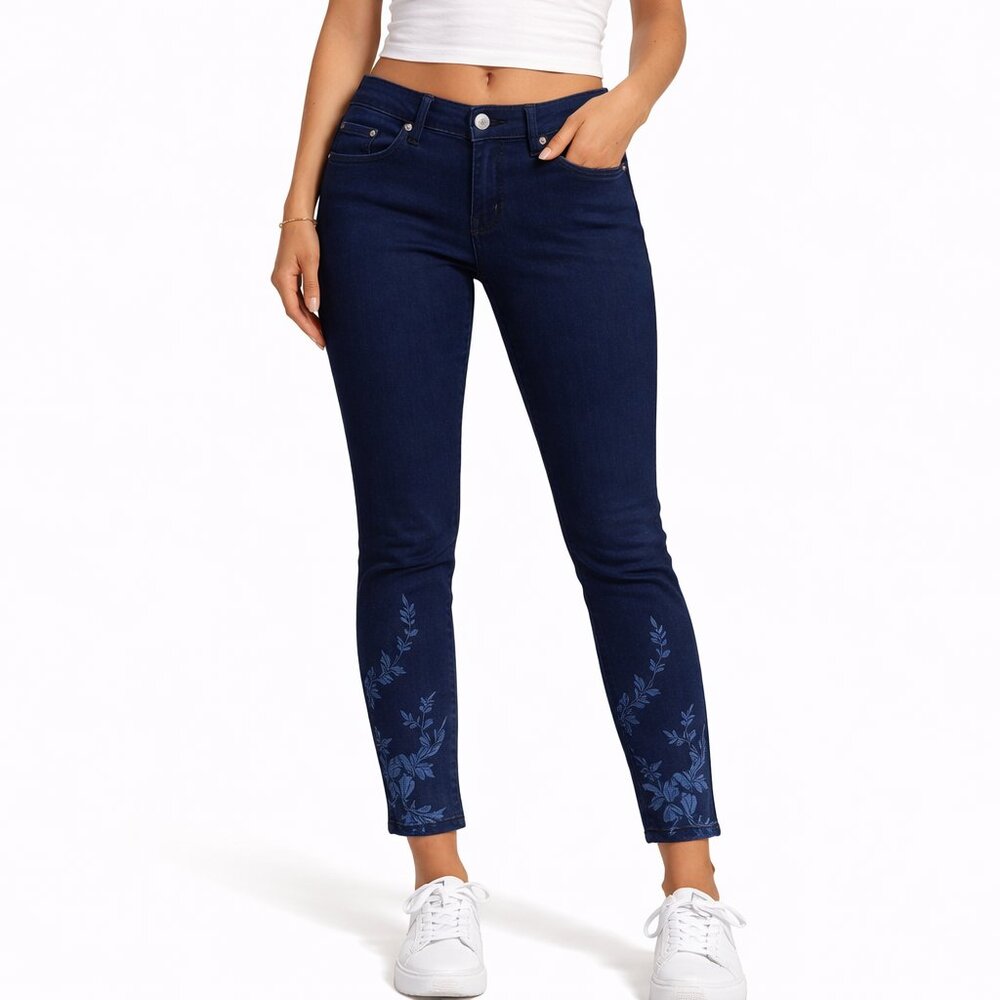 NEW Denim & Co Dark Blue Straight Leg Jeans Floral Hem